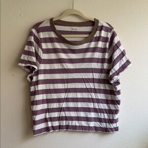 Madewell Boxy-Crop Tee in Mauve, Cream and Brown Trim